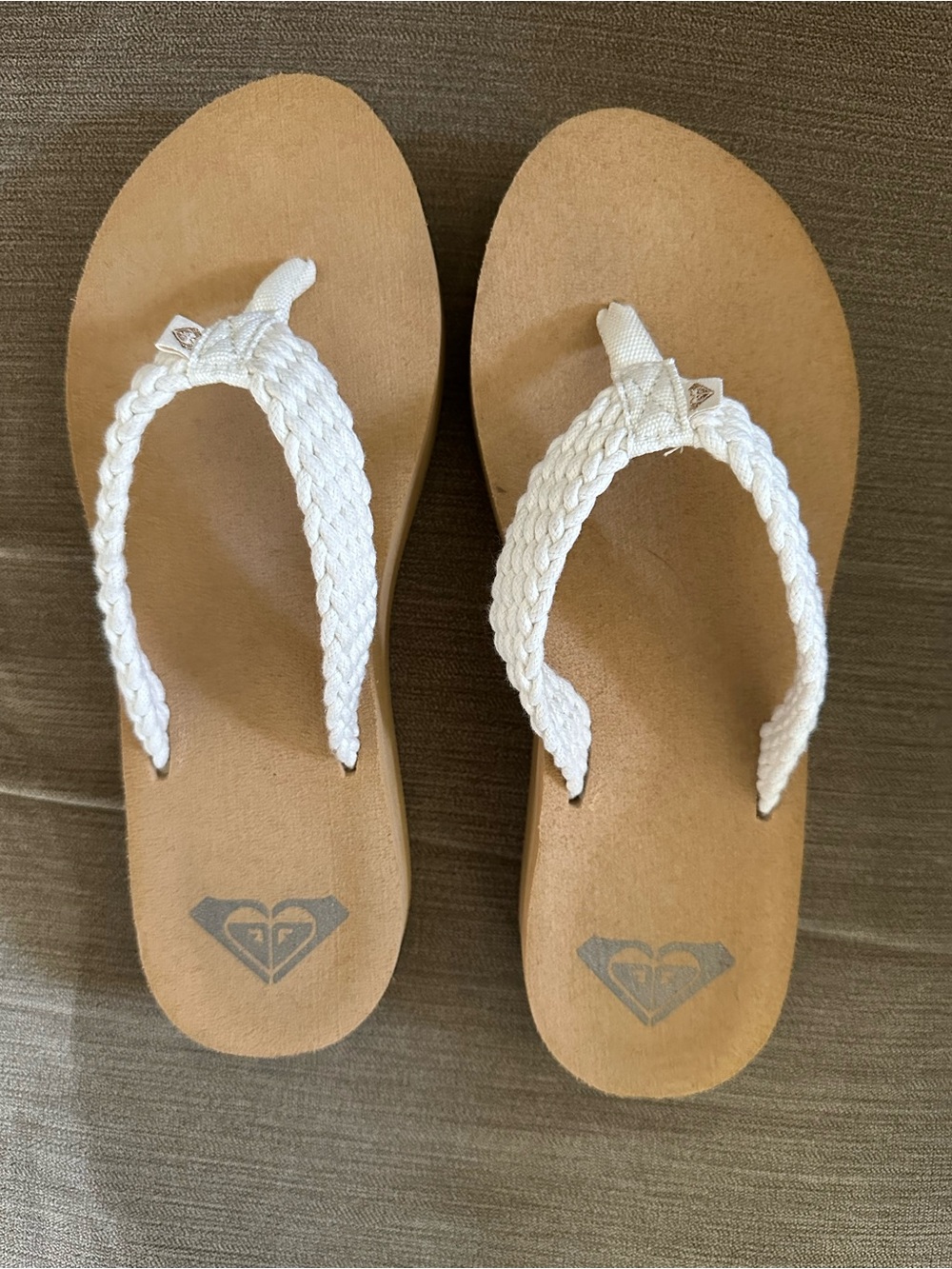 Roxy White Braided Strap Sandals with Tan Footbed